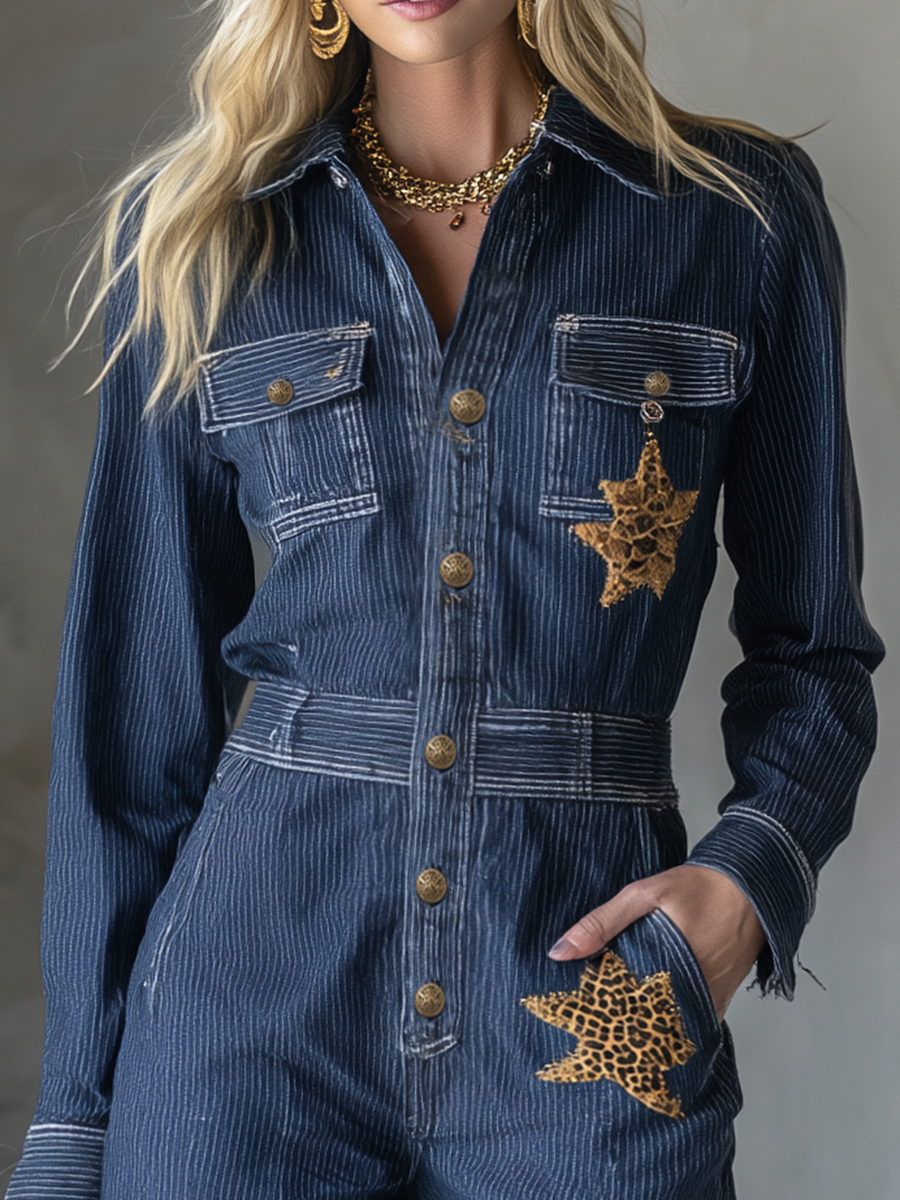 Hazel-Judith | Women's Leopard-Patch Denim Jumpsuit