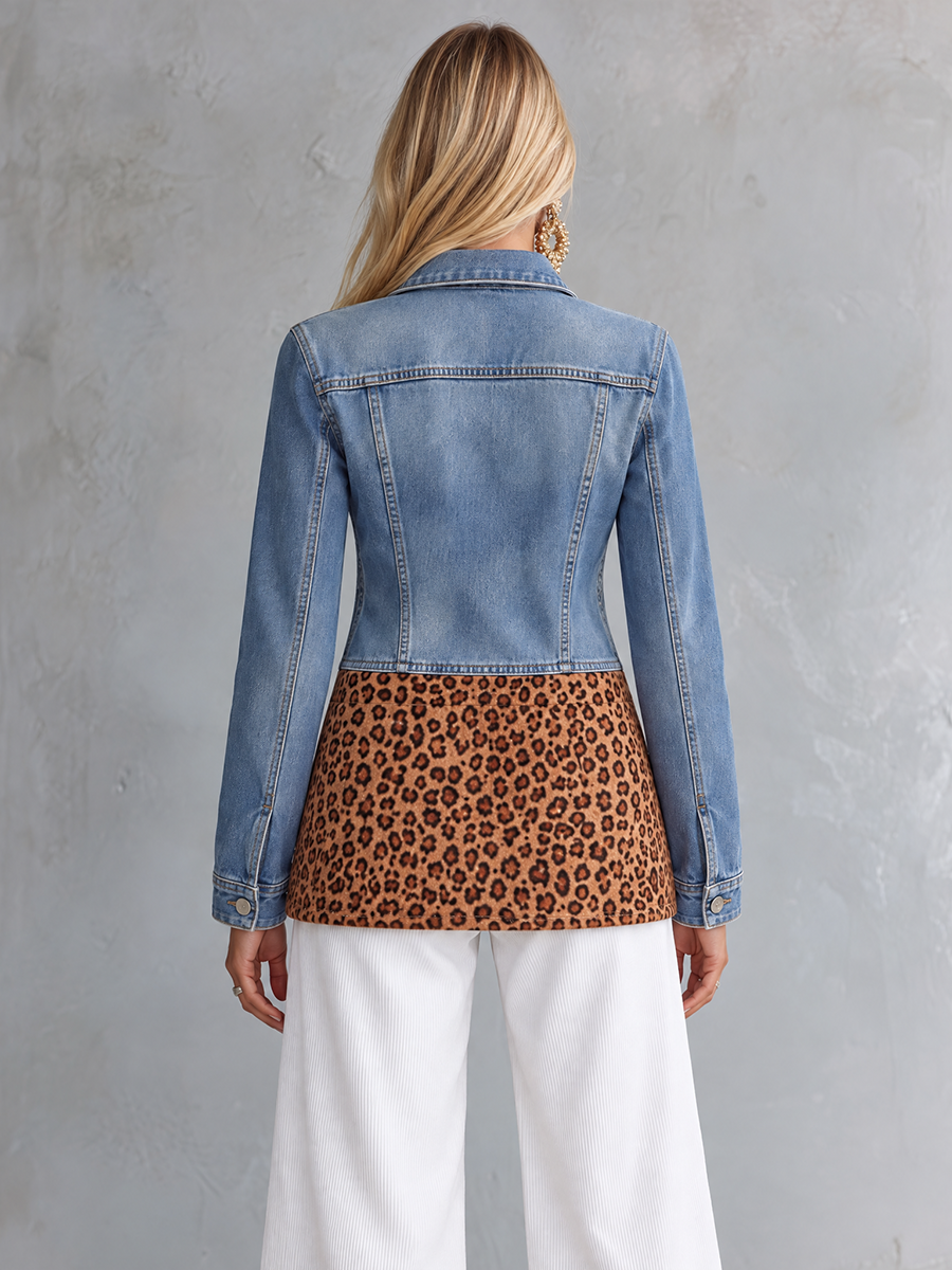Paloma-Vera | Women's Leopard Patchwork Longline Denim Jacket