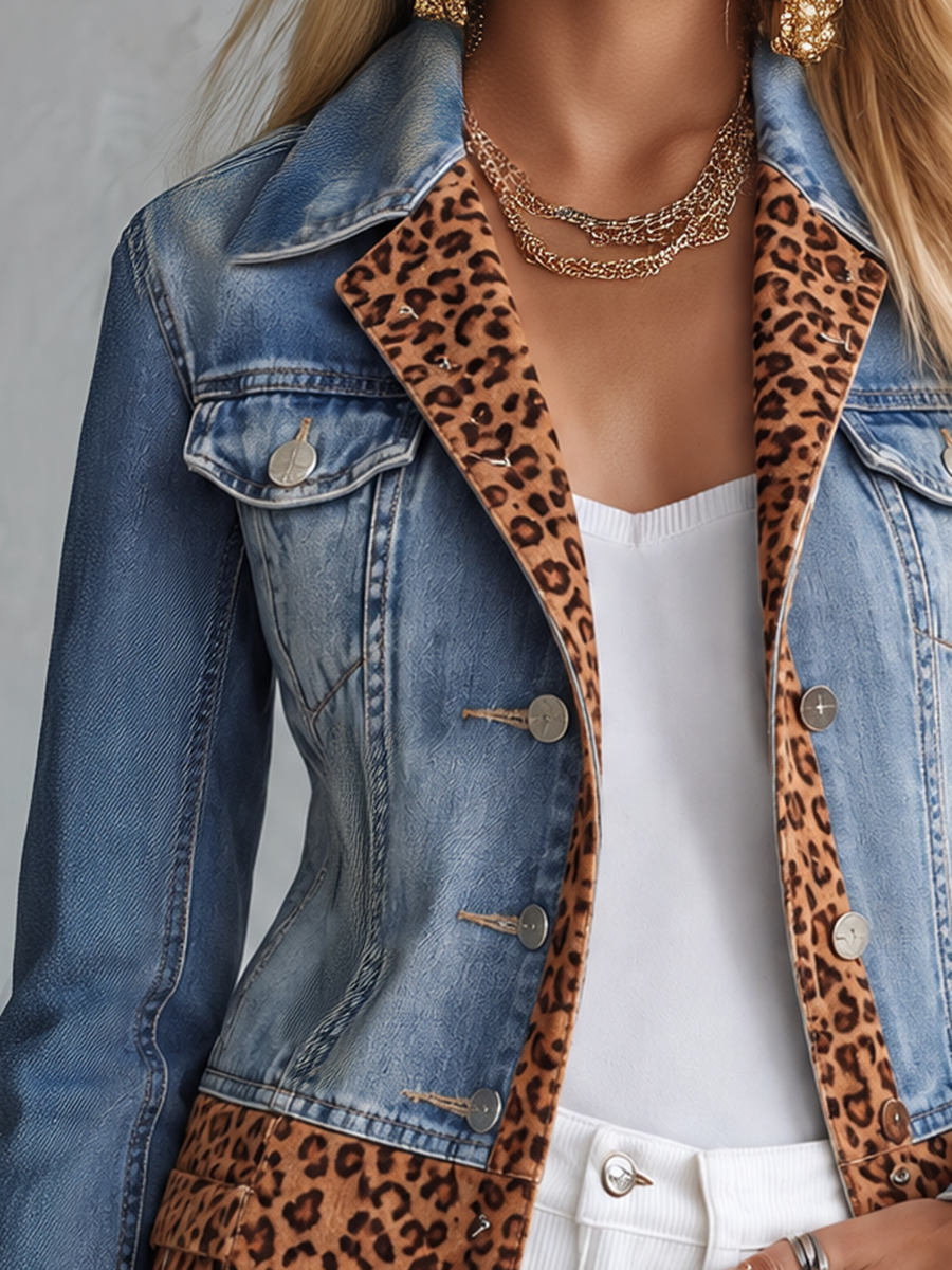 Paloma-Vera | Women's Leopard Patchwork Longline Denim Jacket