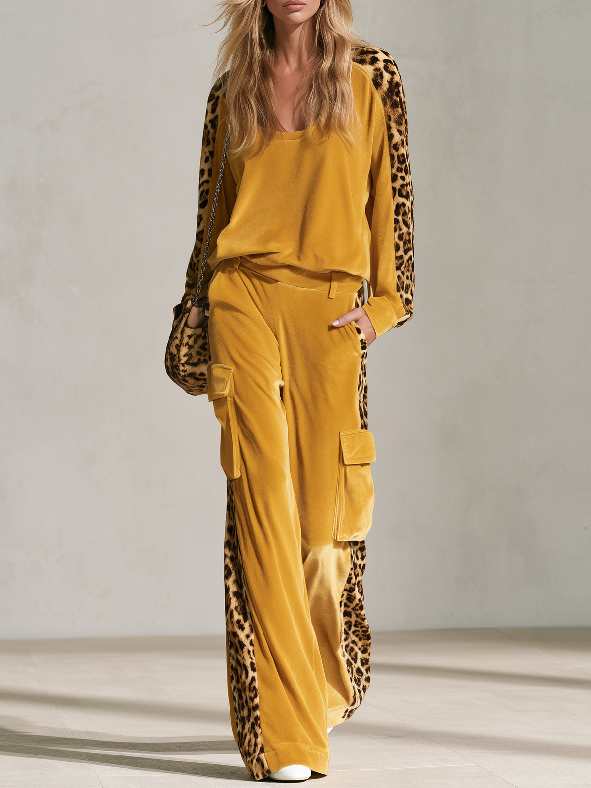 Frances | Women's Leopard Print Velvet Top & Wide-Leg Pants Set