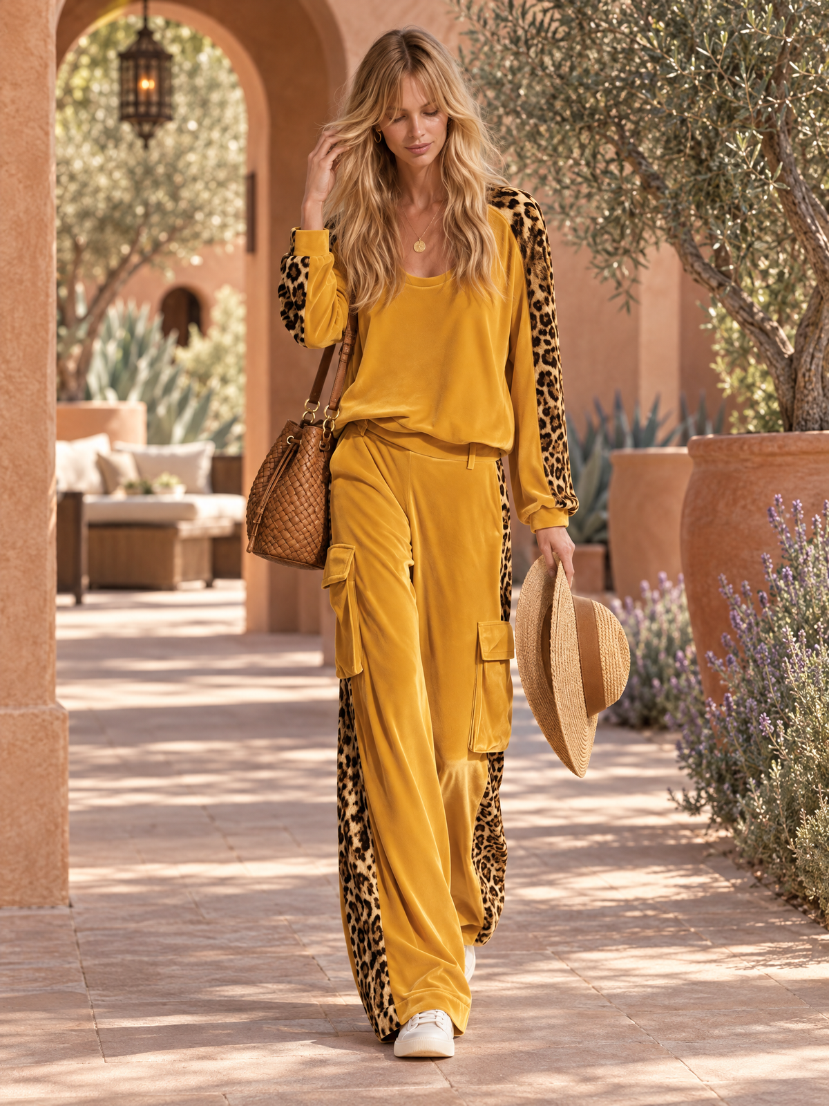 Frances | Women's Leopard Print Velvet Top & Wide-Leg Pants Set
