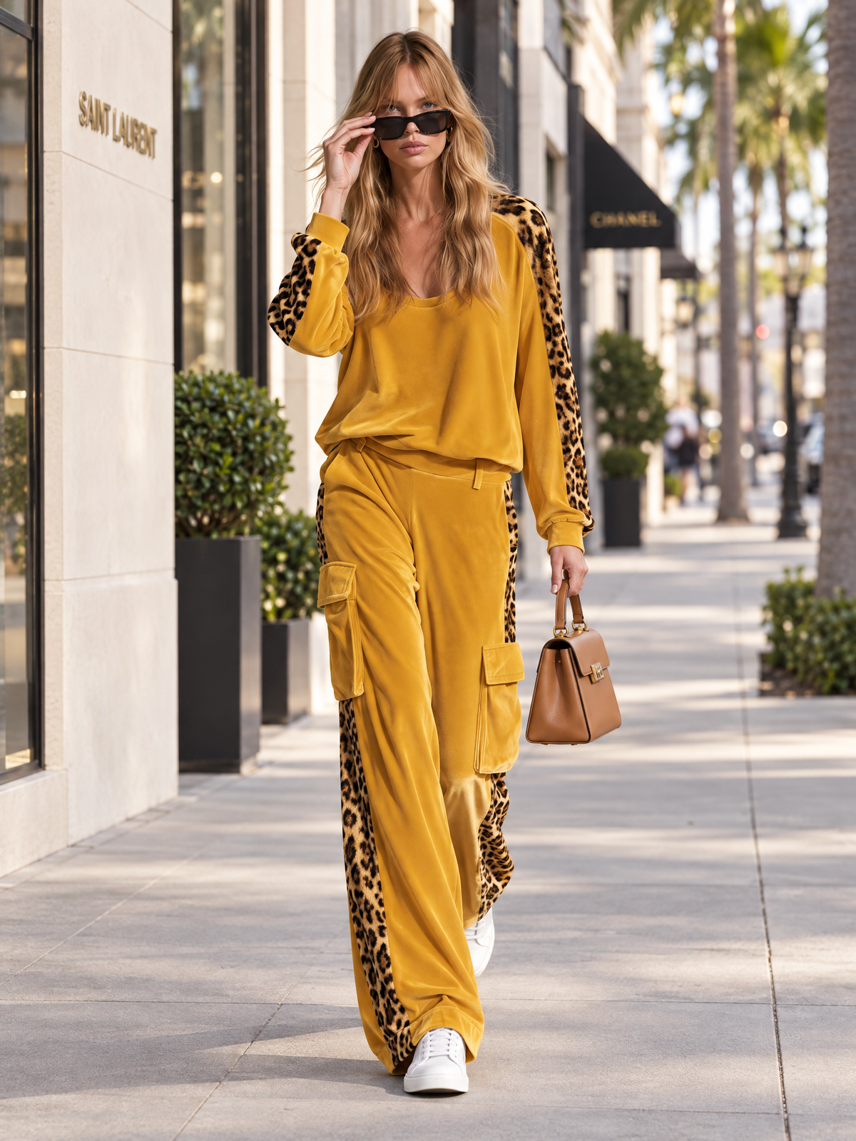 Frances | Women's Leopard Print Velvet Top & Wide-Leg Pants Set