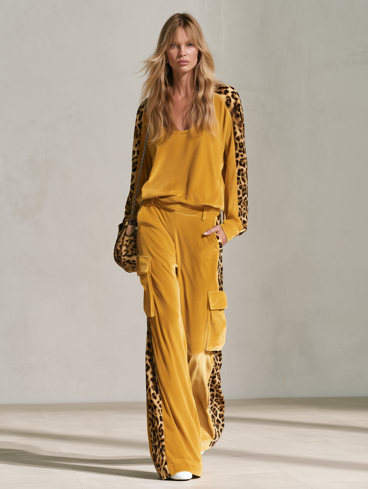 Frances | Women's Leopard Print Velvet Top & Wide-Leg Pants Set