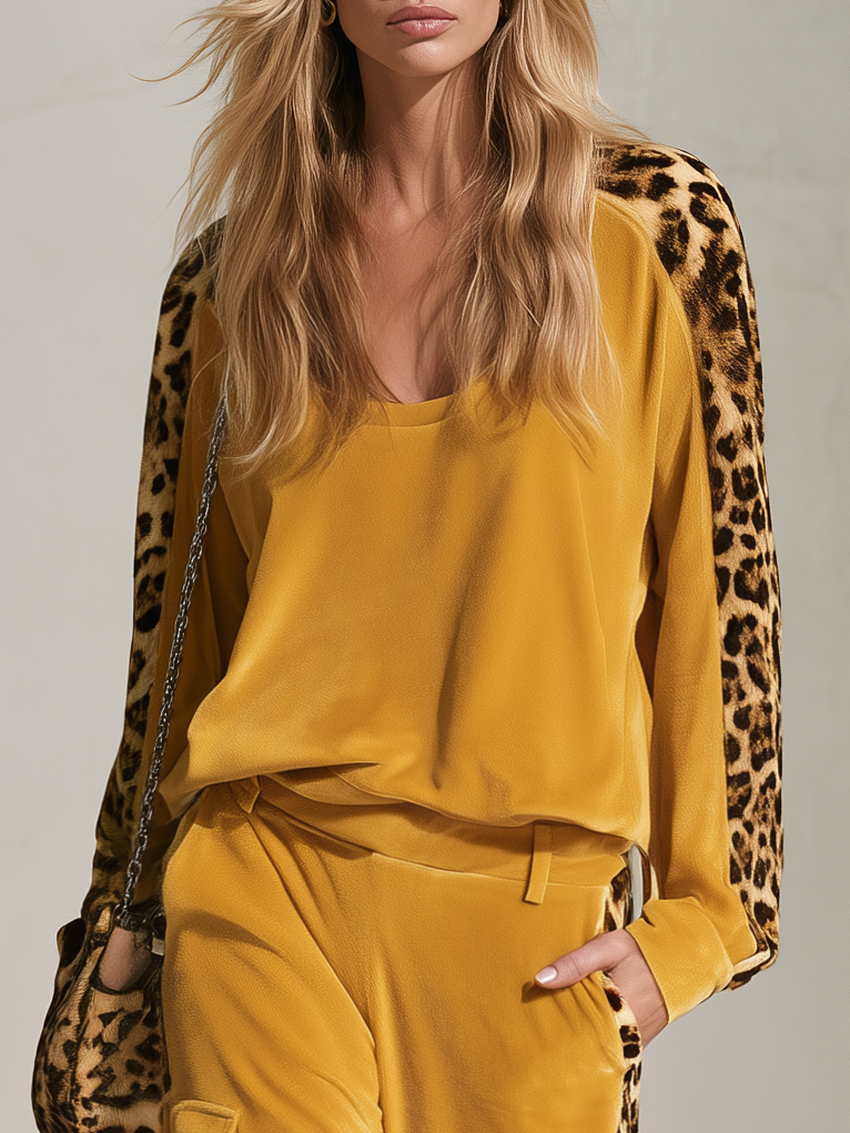 Frances | Women's Leopard Print Velvet Top & Wide-Leg Pants Set