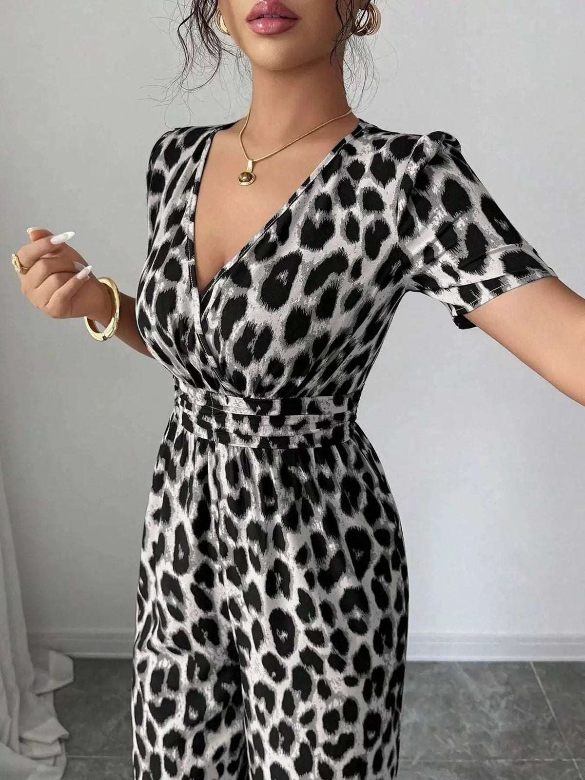 Katharine-Gloria | Women's Leopard Print Wide-Leg Chiffon Jumpsuit