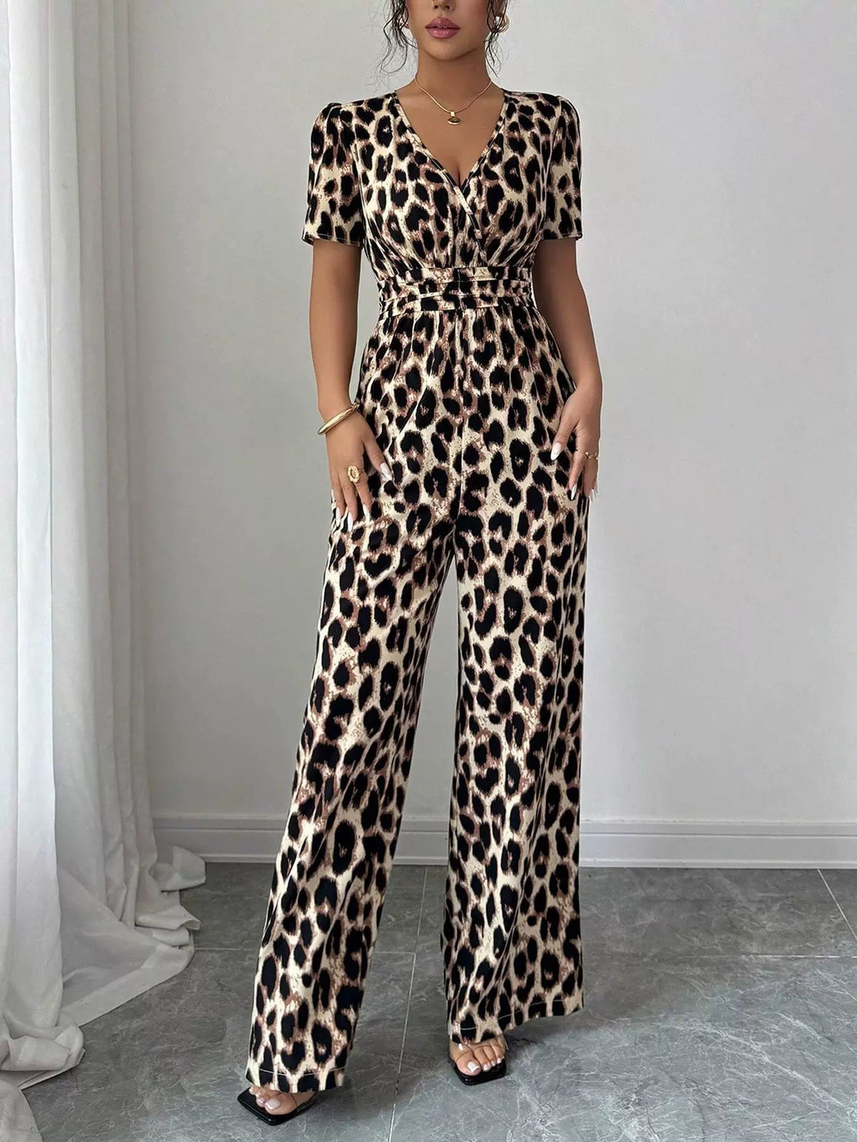 Katharine-Gloria | Women's Leopard Print Wide-Leg Chiffon Jumpsuit