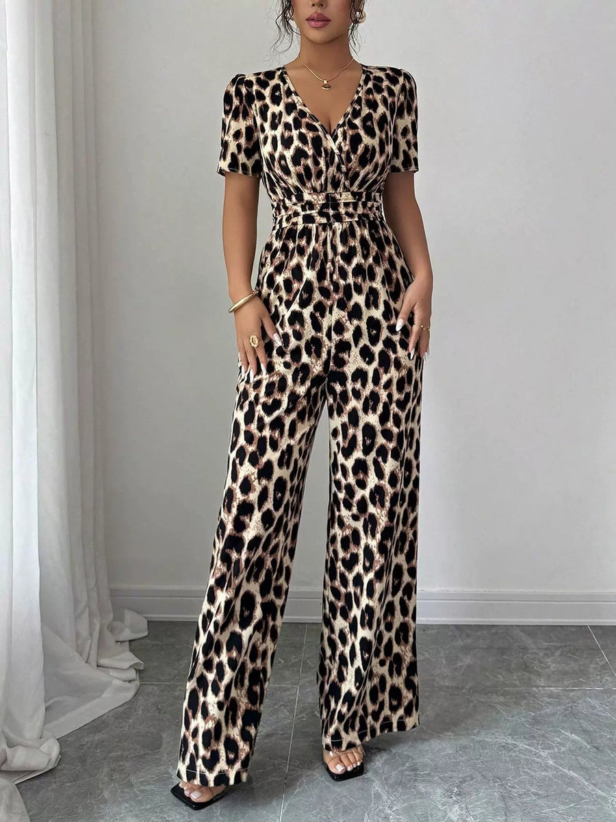 Katharine-Gloria | Women's Leopard Print Wide-Leg Chiffon Jumpsuit