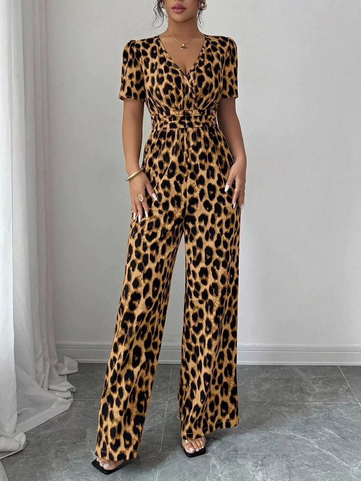 Katharine-Gloria | Women's Leopard Print Wide-Leg Chiffon Jumpsuit