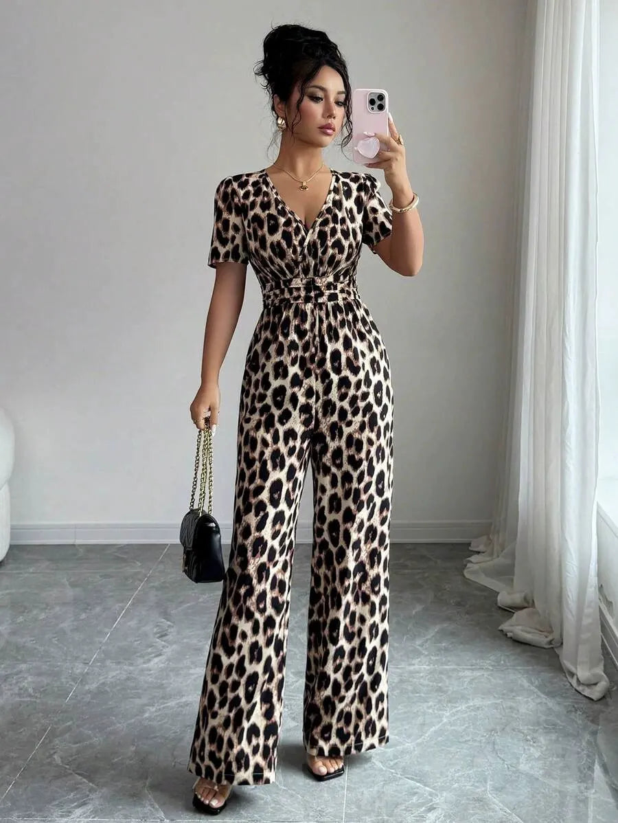 Katharine-Gloria | Women's Leopard Print Wide-Leg Chiffon Jumpsuit
