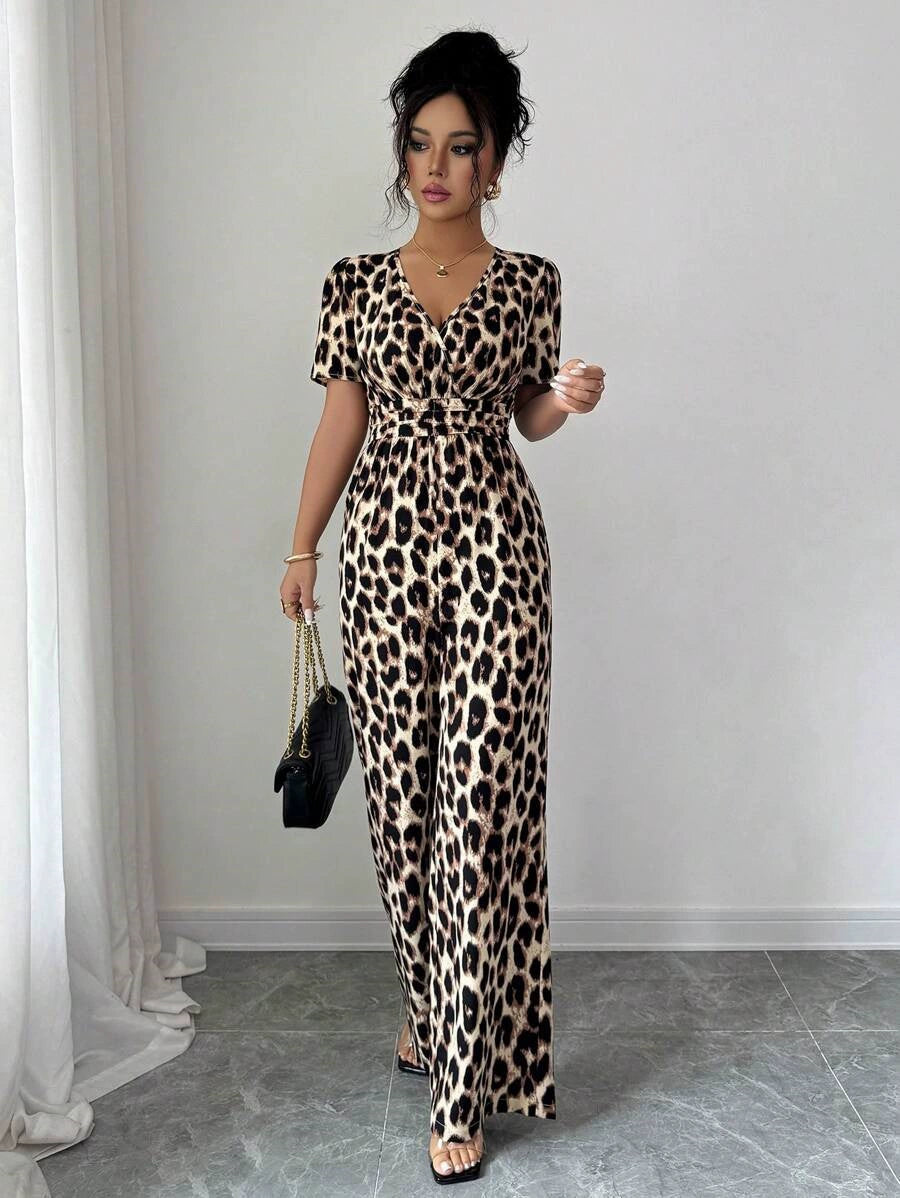 Katharine-Gloria | Women's Leopard Print Wide-Leg Chiffon Jumpsuit