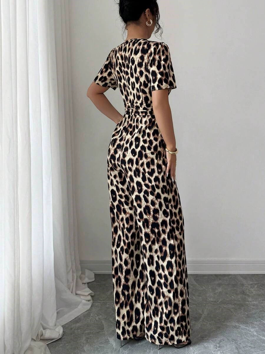 Katharine-Gloria | Women's Leopard Print Wide-Leg Chiffon Jumpsuit