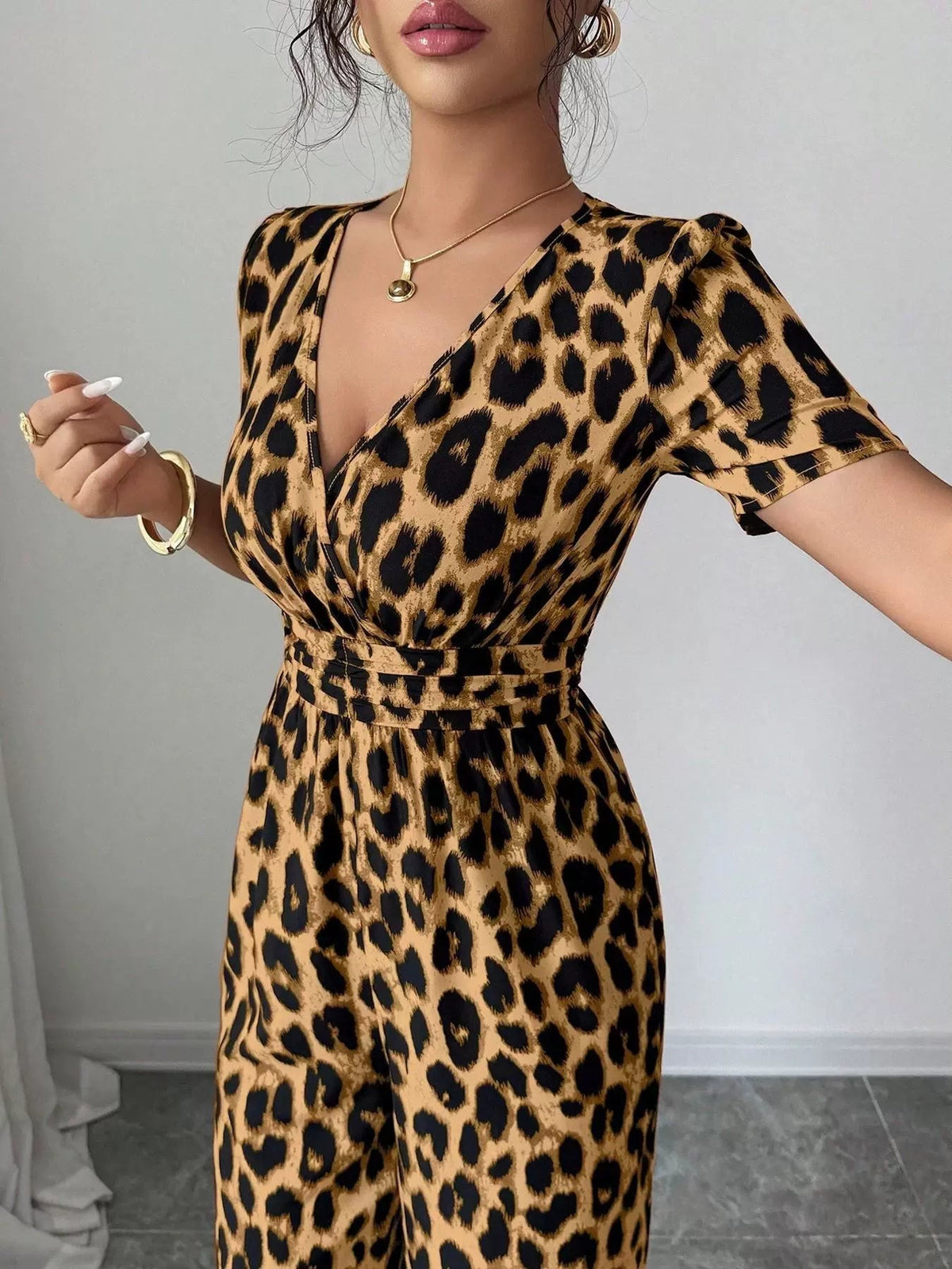 Katharine-Gloria | Women's Leopard Print Wide-Leg Chiffon Jumpsuit