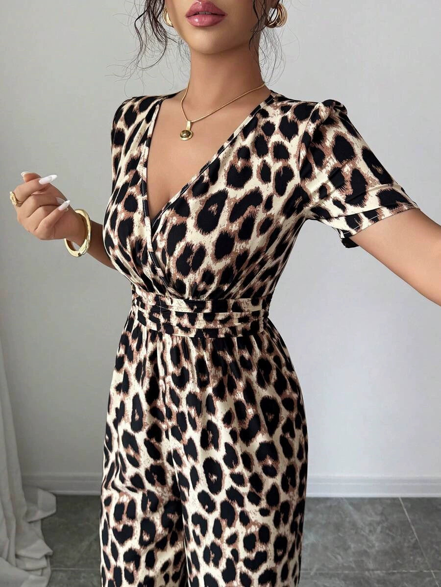 Katharine-Gloria | Women's Leopard Print Wide-Leg Chiffon Jumpsuit