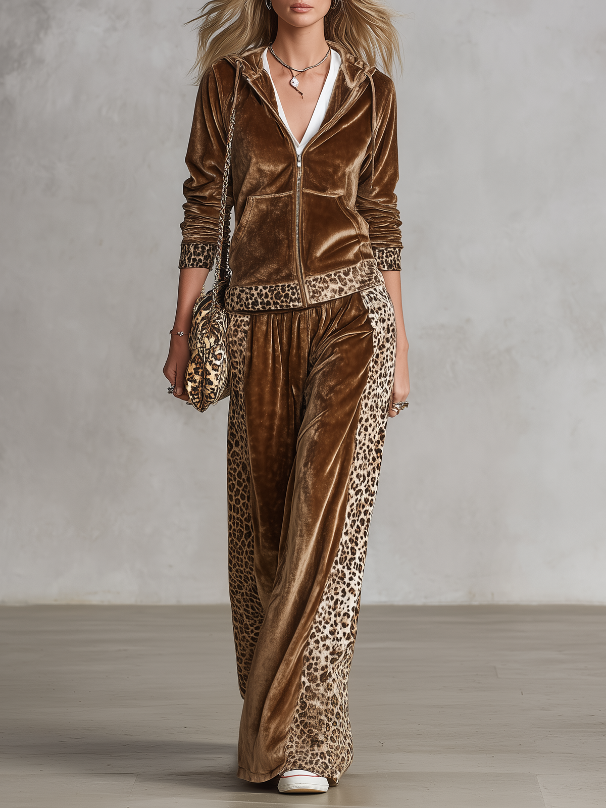 Pearl-Bernadette | Women's Leopard-Trim Velvet Hooded Jacket & Wide-Leg Pants Set