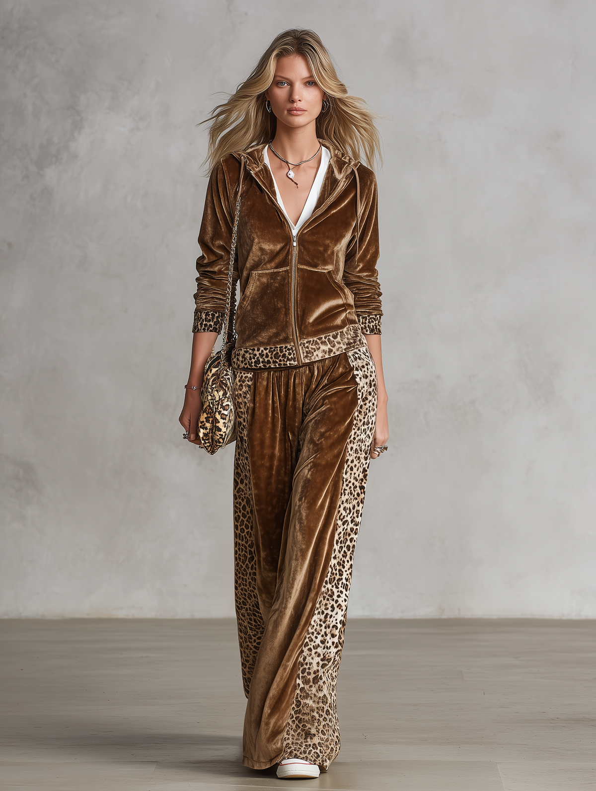 Pearl-Bernadette | Women's Leopard-Trim Velvet Hooded Jacket & Wide-Leg Pants Set