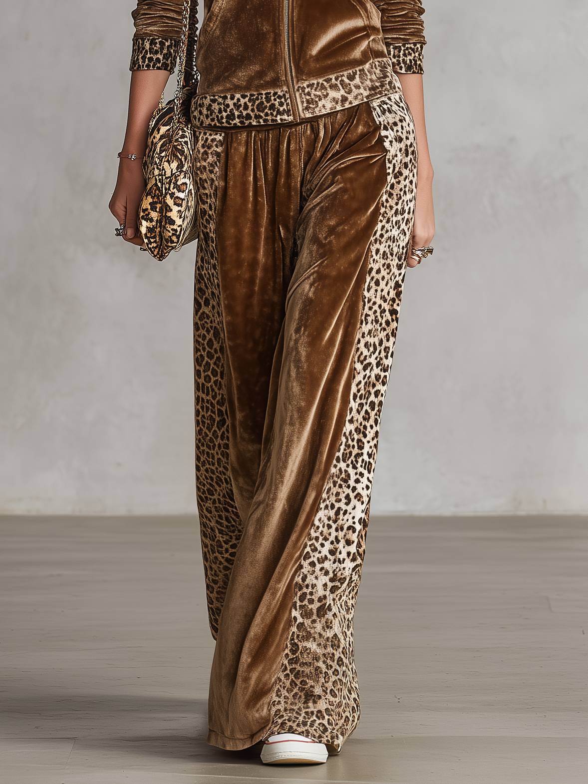 Pearl-Bernadette | Women's Leopard-Trim Velvet Hooded Jacket & Wide-Leg Pants Set