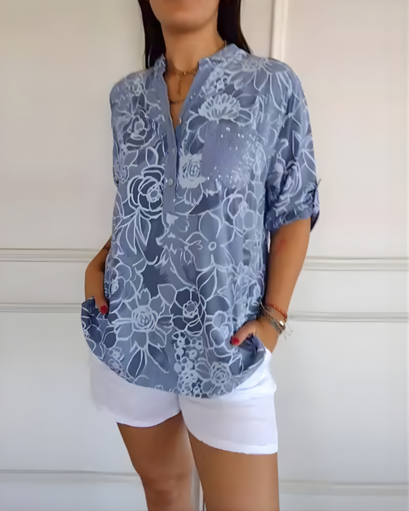 Carmen | Women's Linen Sequin-Placket Floral Blouse