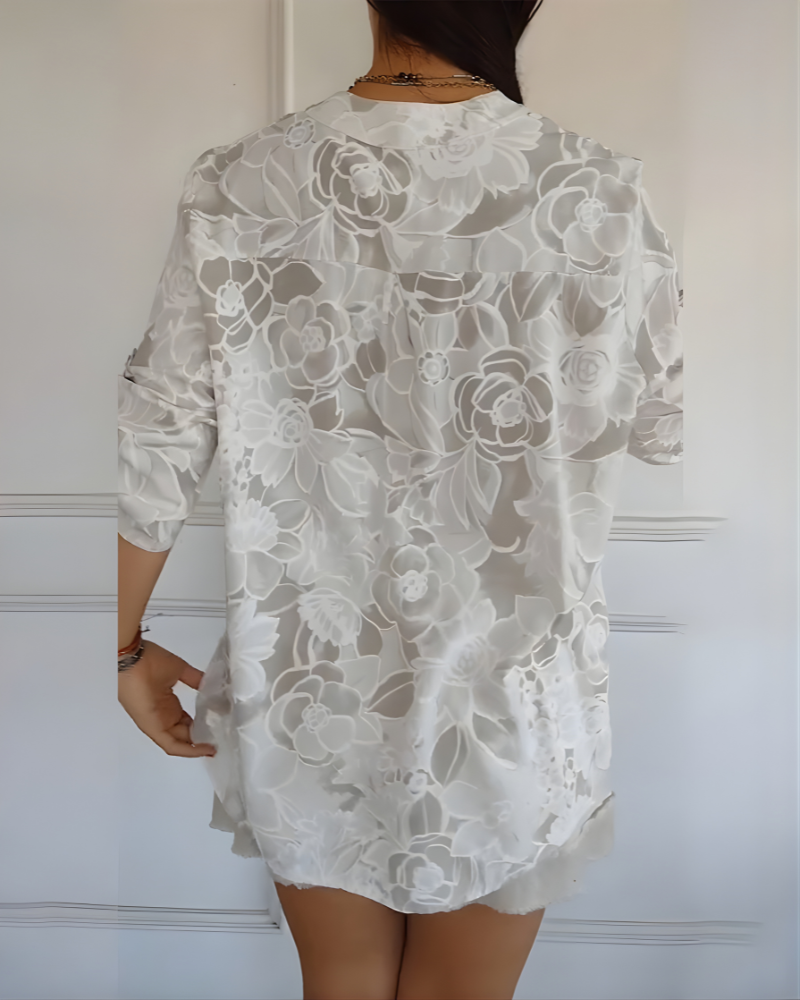 Carmen | Women's Linen Sequin-Placket Floral Blouse