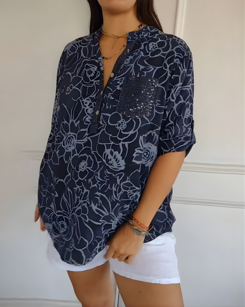 Carmen | Women's Linen Sequin-Placket Floral Blouse
