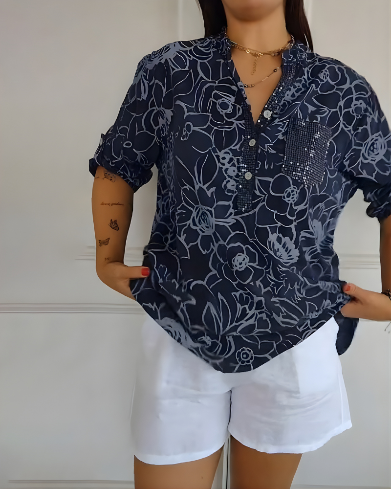 Carmen | Women's Linen Sequin-Placket Floral Blouse
