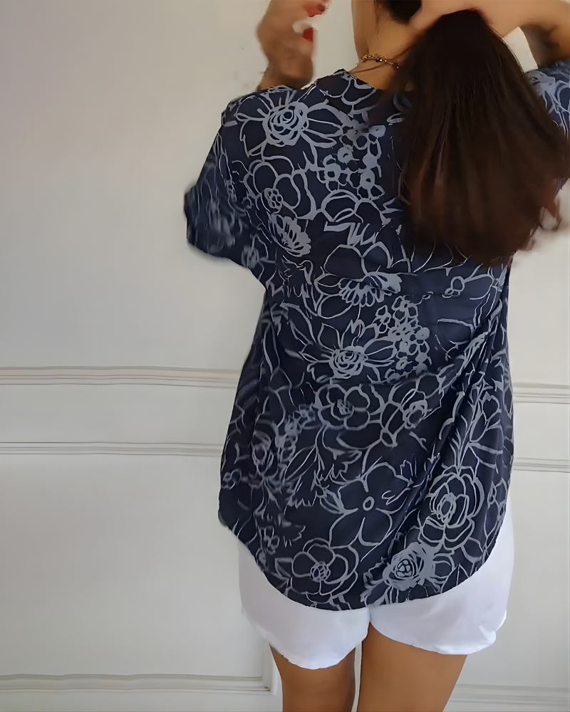 Carmen | Women's Linen Sequin-Placket Floral Blouse