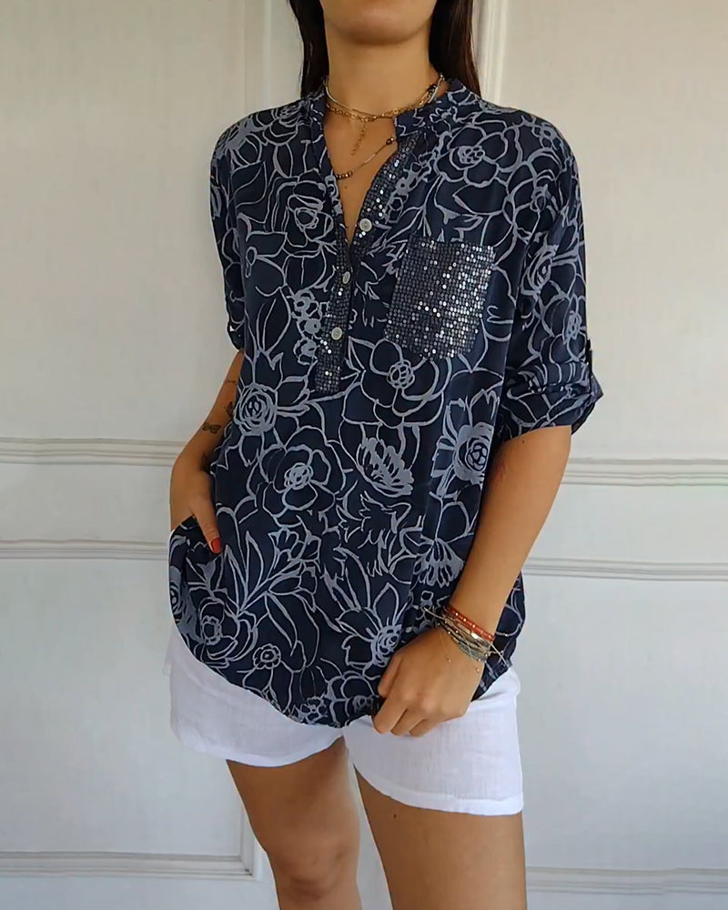 Carmen | Women's Linen Sequin-Placket Floral Blouse