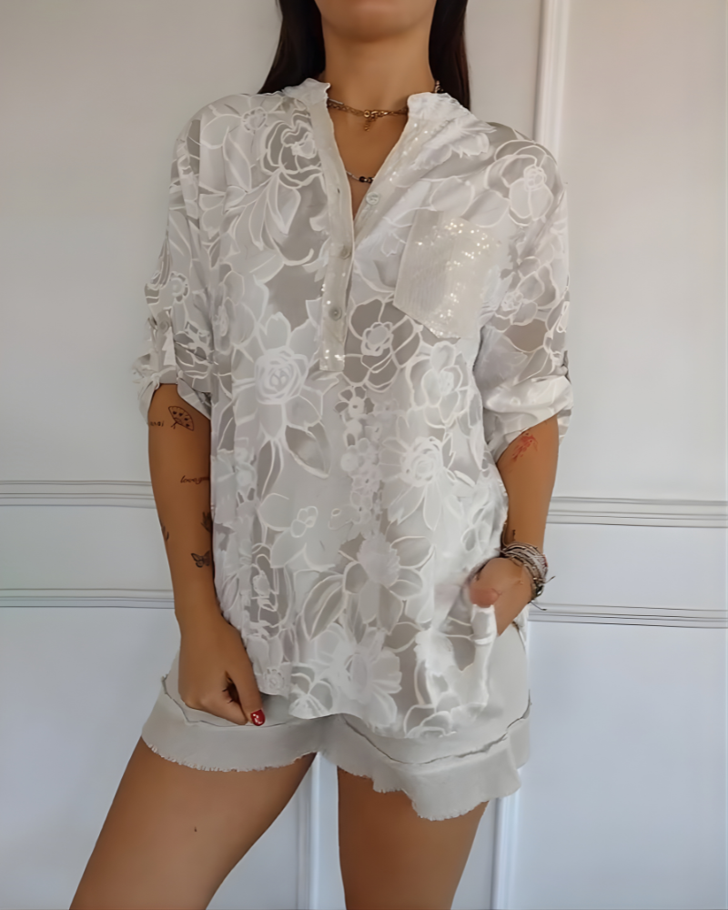 Carmen | Women's Linen Sequin-Placket Floral Blouse