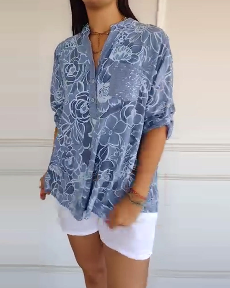 Carmen | Women's Linen Sequin-Placket Floral Blouse