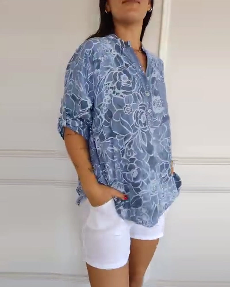 Carmen | Women's Linen Sequin-Placket Floral Blouse
