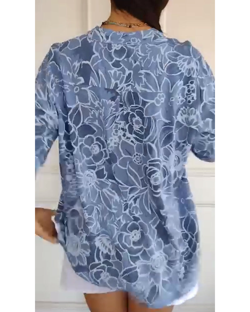 Carmen | Women's Linen Sequin-Placket Floral Blouse