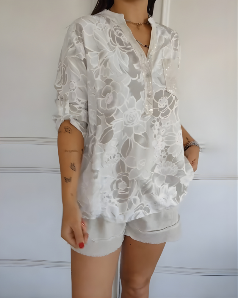 Carmen | Women's Linen Sequin-Placket Floral Blouse