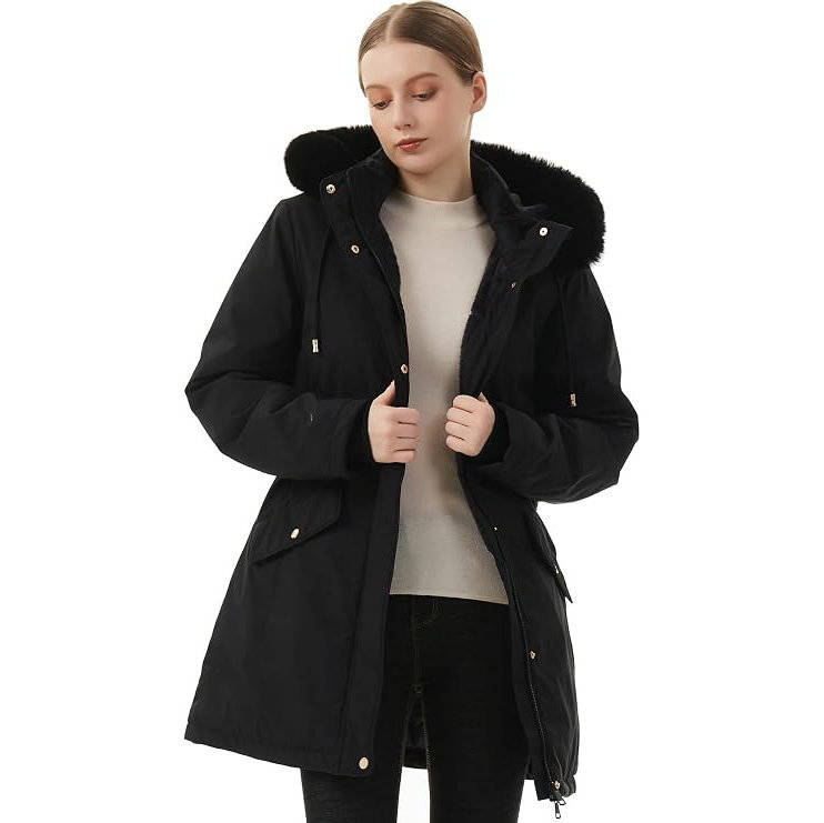 Olive-Pearl | Women's Long Belted Puffer Jacket with Faux Fur Hood