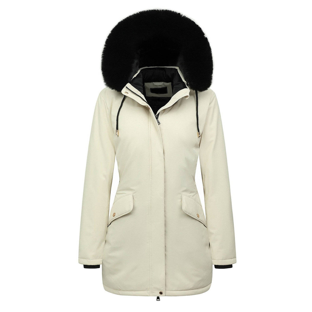 Olive-Pearl | Women's Long Belted Puffer Jacket with Faux Fur Hood