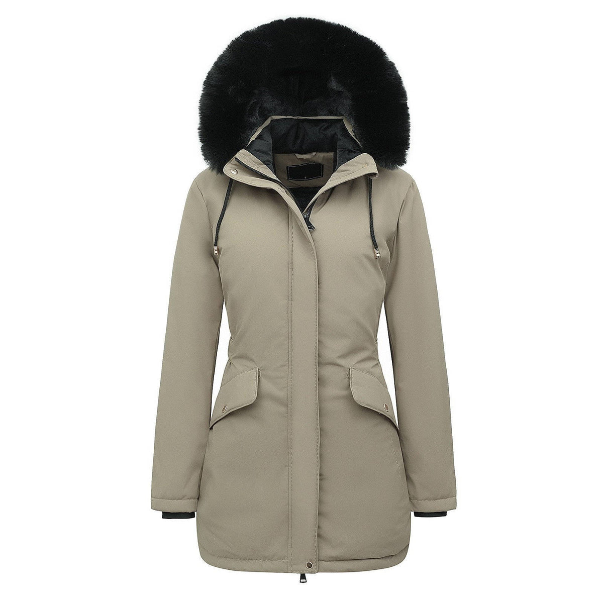 Olive-Pearl | Women's Long Belted Puffer Jacket with Faux Fur Hood