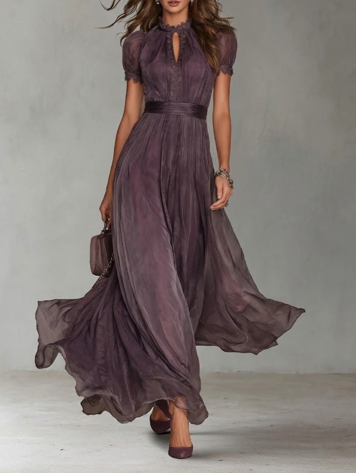 Astrid-Genevieve | Women's Long Purple Drop-Neck Maxi Dress with Chiffon Trim