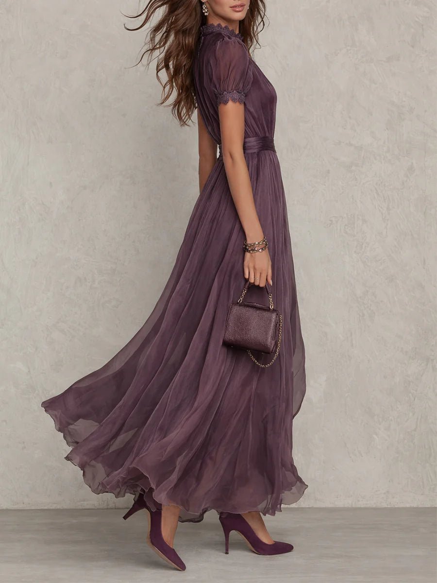 Astrid-Genevieve | Women's Long Purple Drop-Neck Maxi Dress with Chiffon Trim