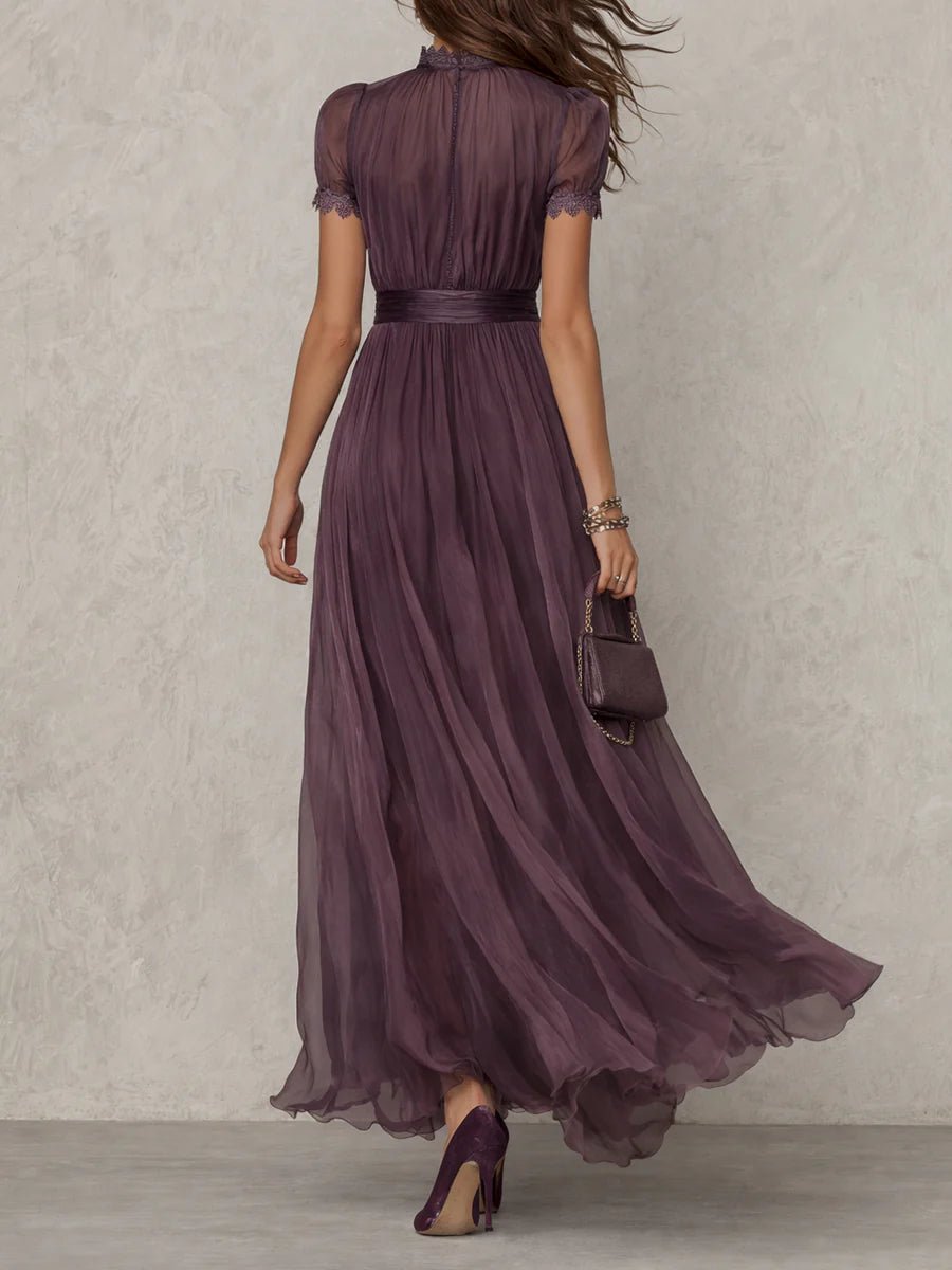 Astrid-Genevieve | Women's Long Purple Drop-Neck Maxi Dress with Chiffon Trim