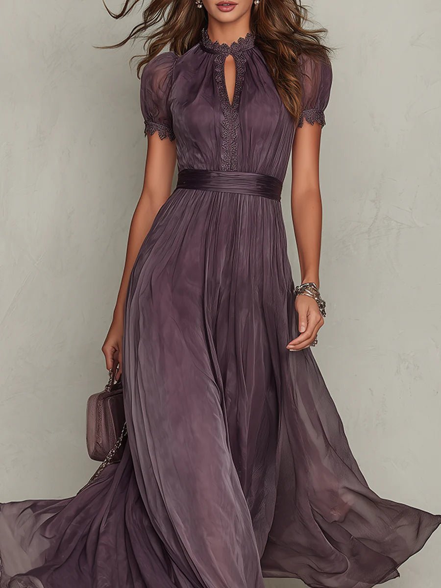 Astrid-Genevieve | Women's Long Purple Drop-Neck Maxi Dress with Chiffon Trim