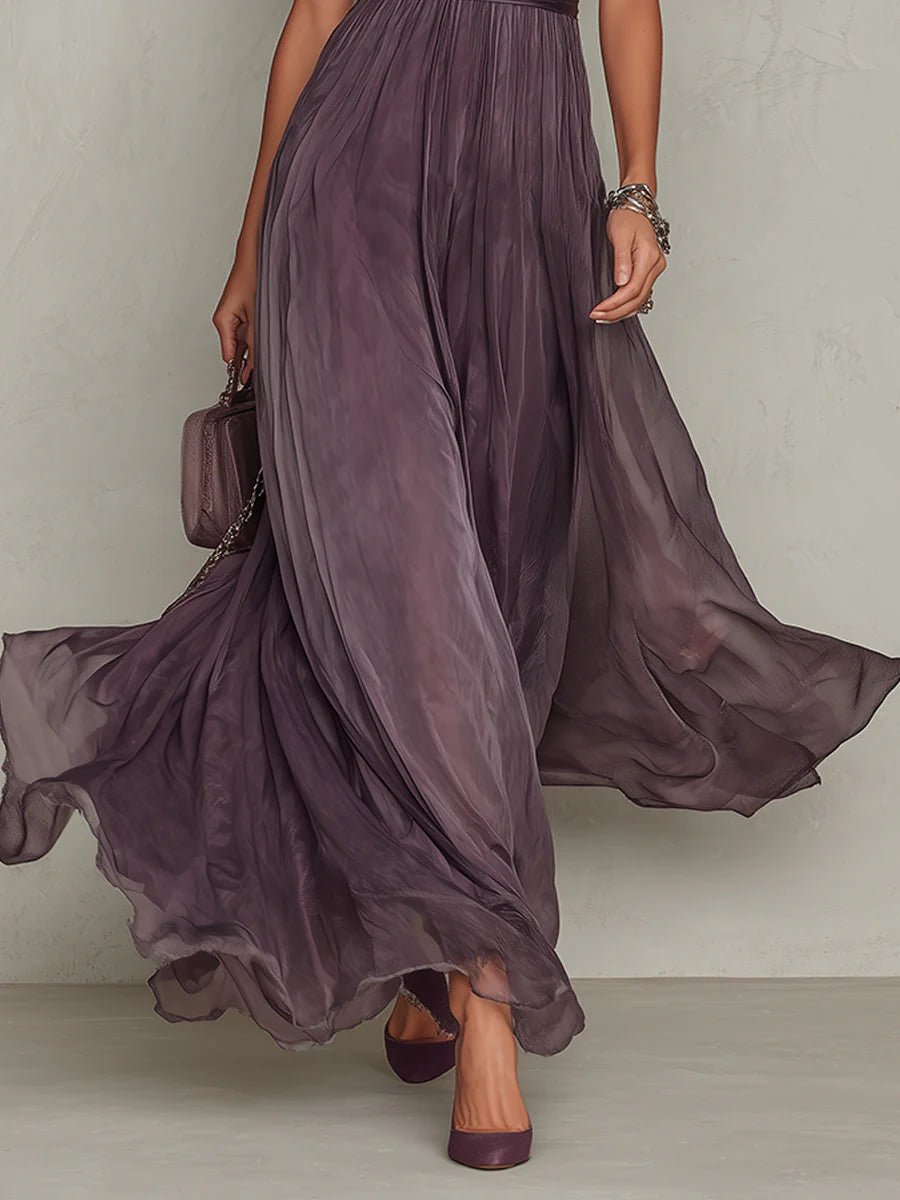 Astrid-Genevieve | Women's Long Purple Drop-Neck Maxi Dress with Chiffon Trim