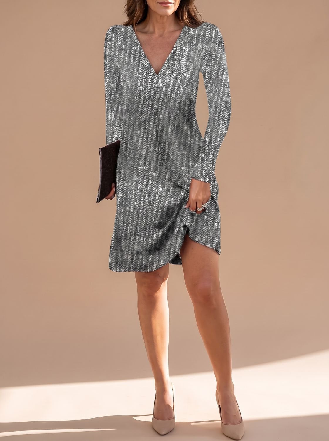 Evelina-Sigrid | Women's Long-Sleeve V-Neck Sequin Mini Dress