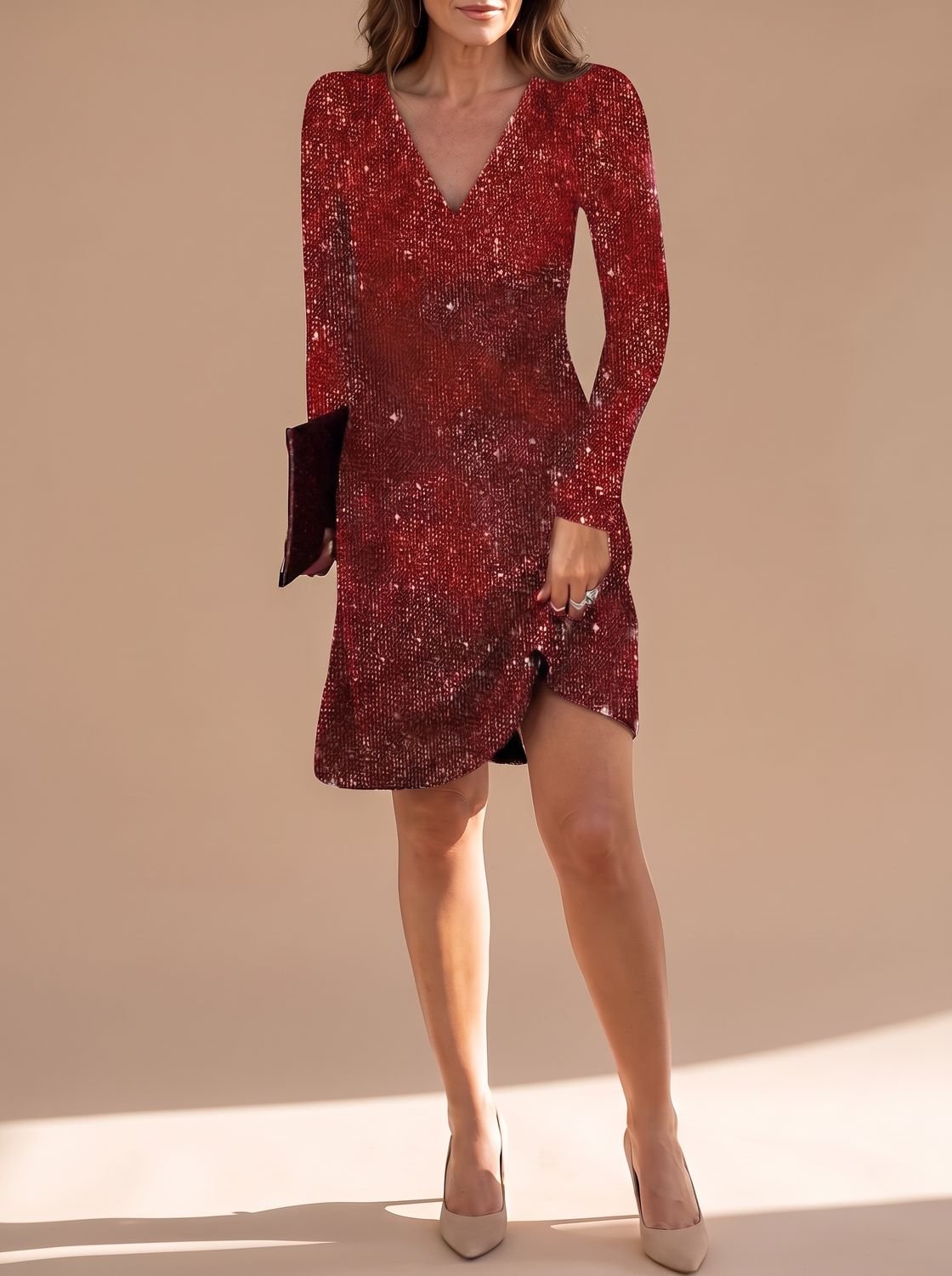 Evelina-Sigrid | Women's Long-Sleeve V-Neck Sequin Mini Dress