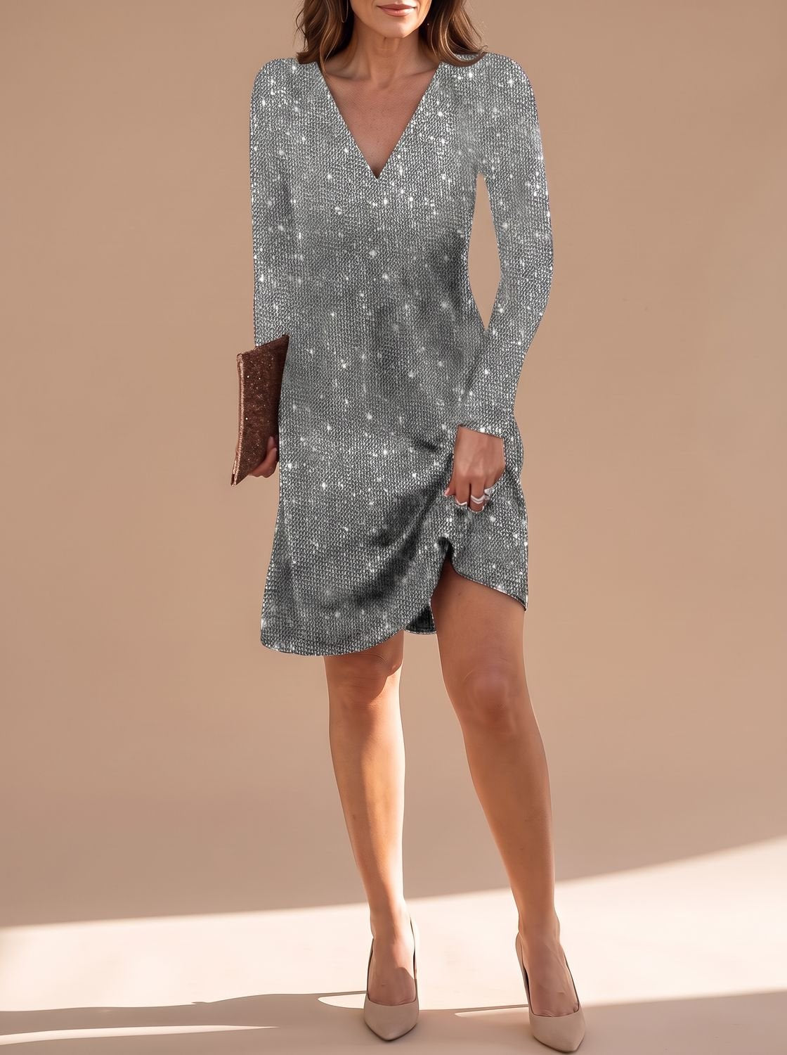 Evelina-Sigrid | Women's Long-Sleeve V-Neck Sequin Mini Dress