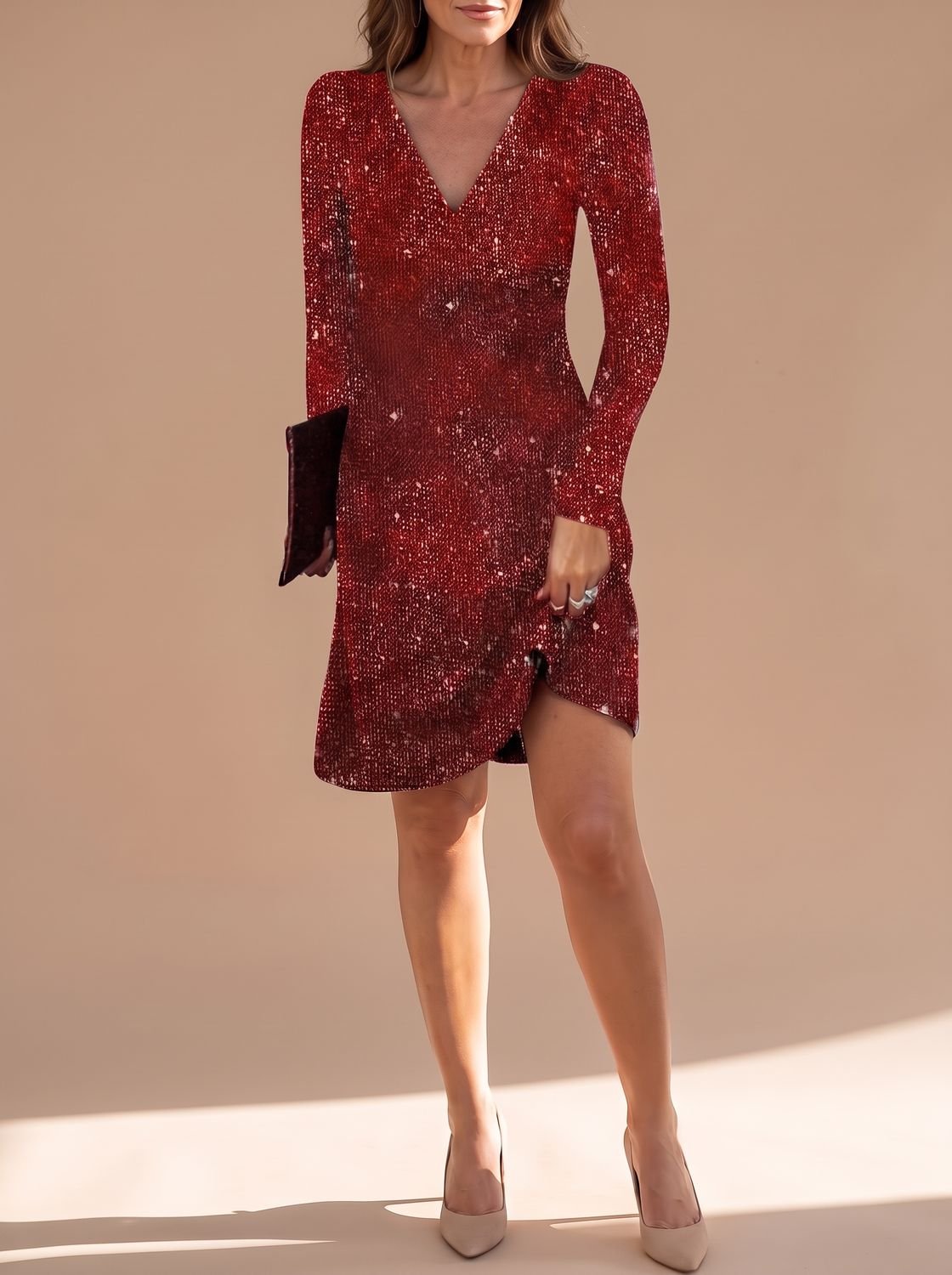 Evelina-Sigrid | Women's Long-Sleeve V-Neck Sequin Mini Dress