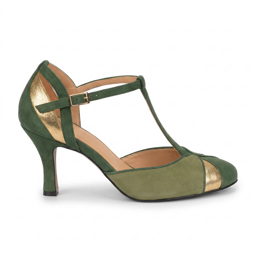 Joyce-Birgit | Women's Metallic T-Strap Closed-Toe Kitten Heels