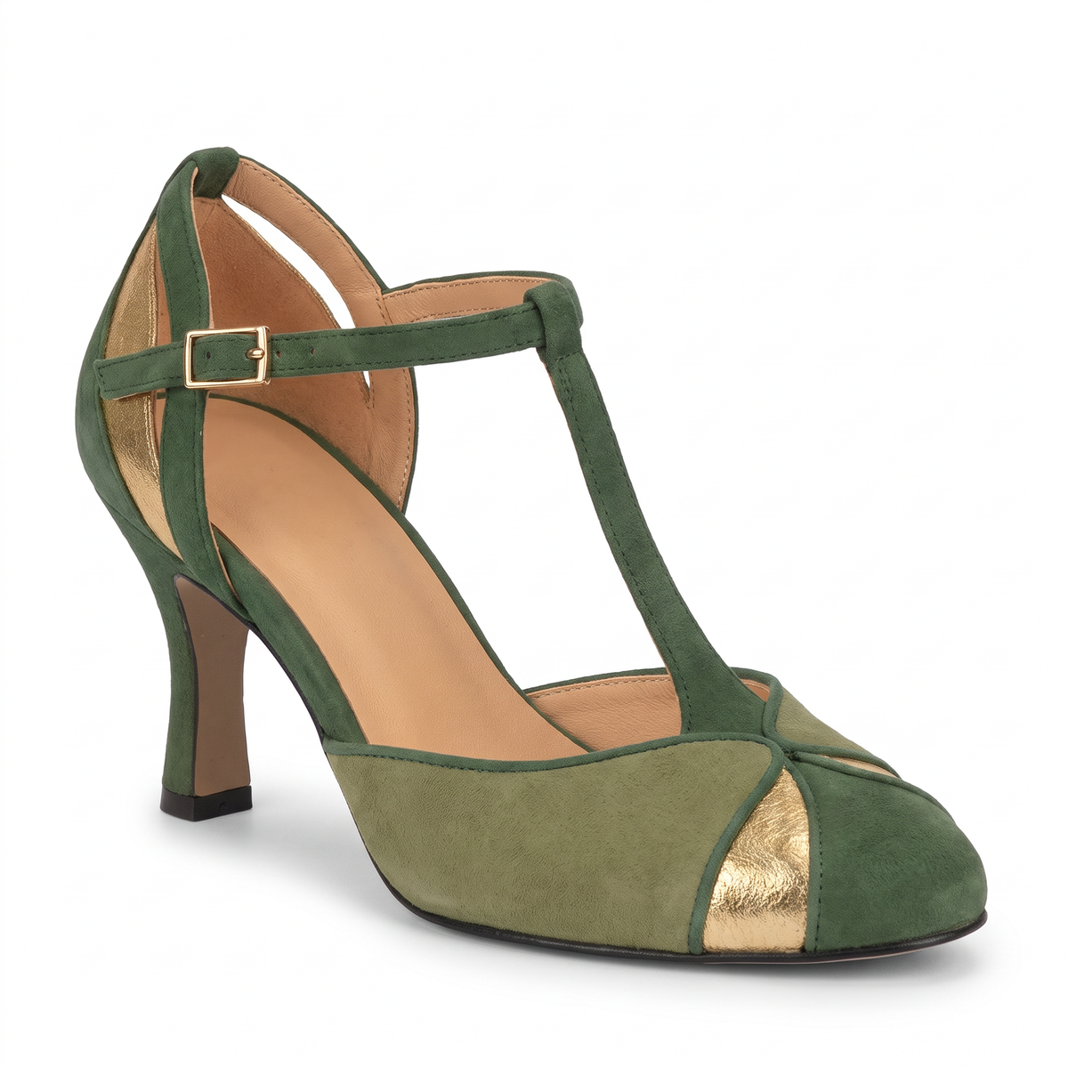 Joyce-Birgit | Women's Metallic T-Strap Closed-Toe Kitten Heels
