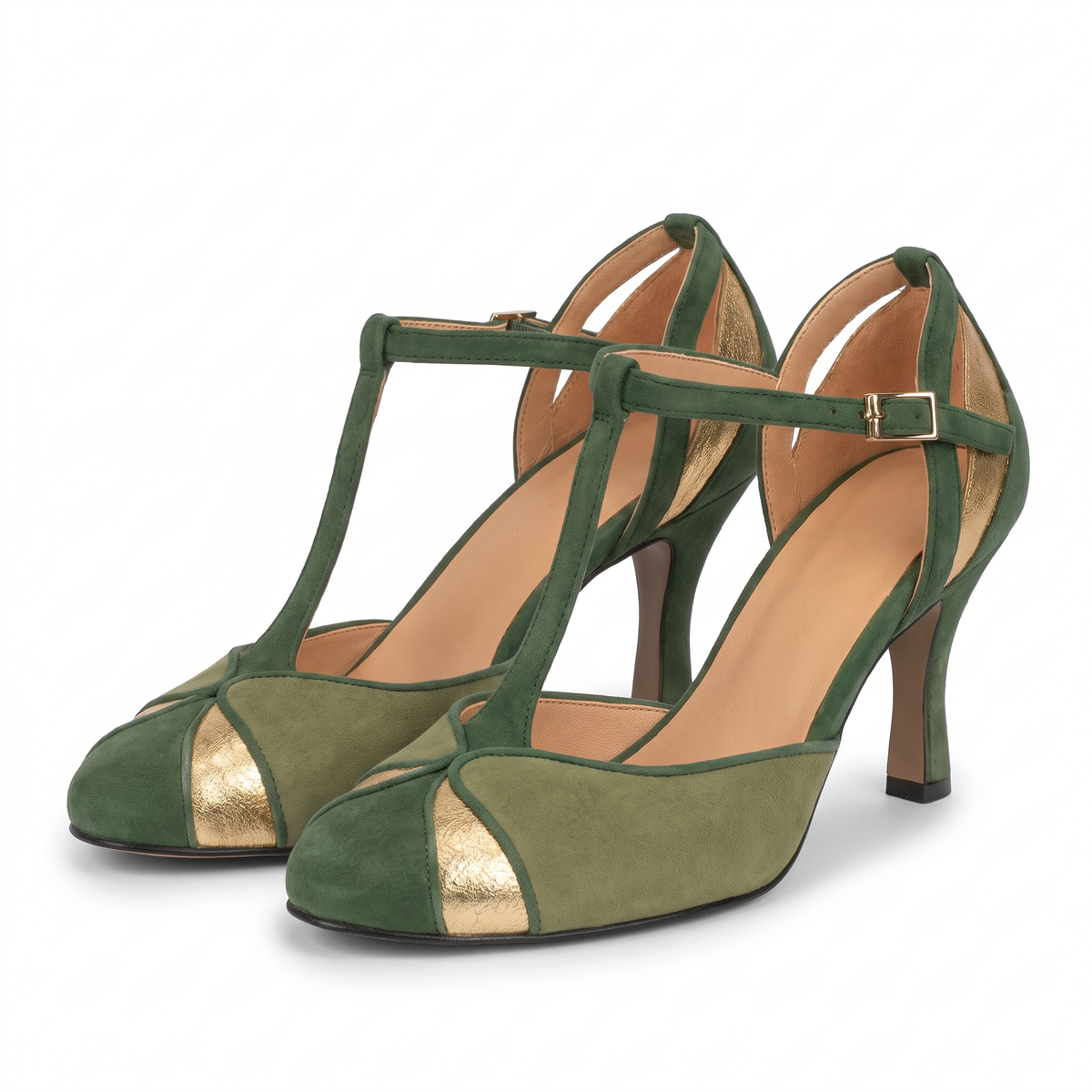 Joyce-Birgit | Women's Metallic T-Strap Closed-Toe Kitten Heels