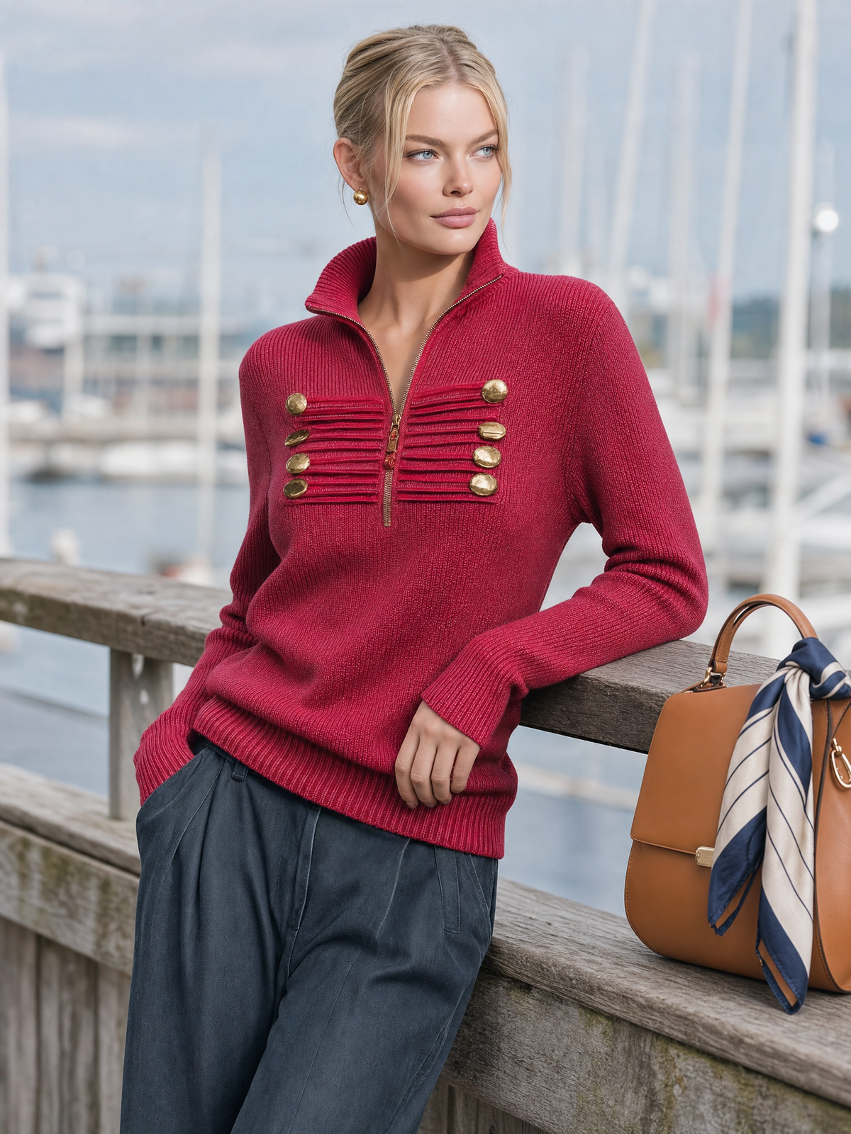 Ingrid-Olive | Women's Military-Inspired Knit Top with Gold Half-Zip