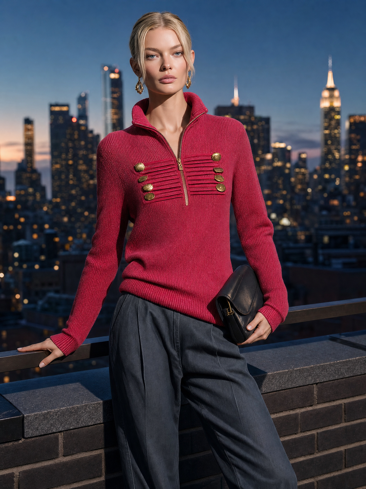 Ingrid-Olive | Women's Military-Inspired Knit Top with Gold Half-Zip