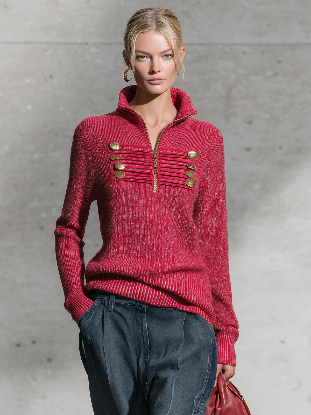Ingrid-Olive | Women's Military-Inspired Knit Top with Gold Half-Zip