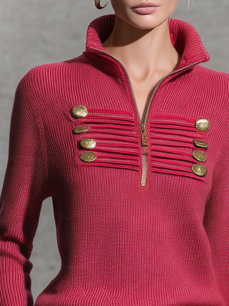 Ingrid-Olive | Women's Military-Inspired Knit Top with Gold Half-Zip
